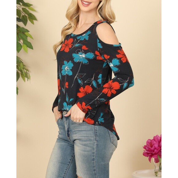 Viamor Women’s Cold Shoulder Floral Top Long Sleeve Black Rust Teal Size M - Picture 2 of 12